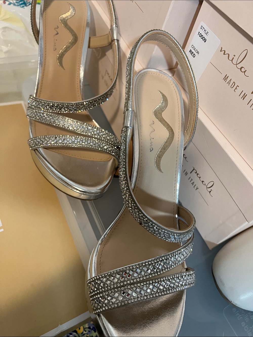 Nina Silver Crystal-Strap Slingback Heels